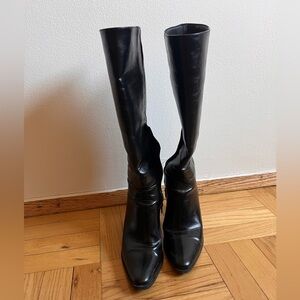 Black Leather Knee-High Block Heel Boots